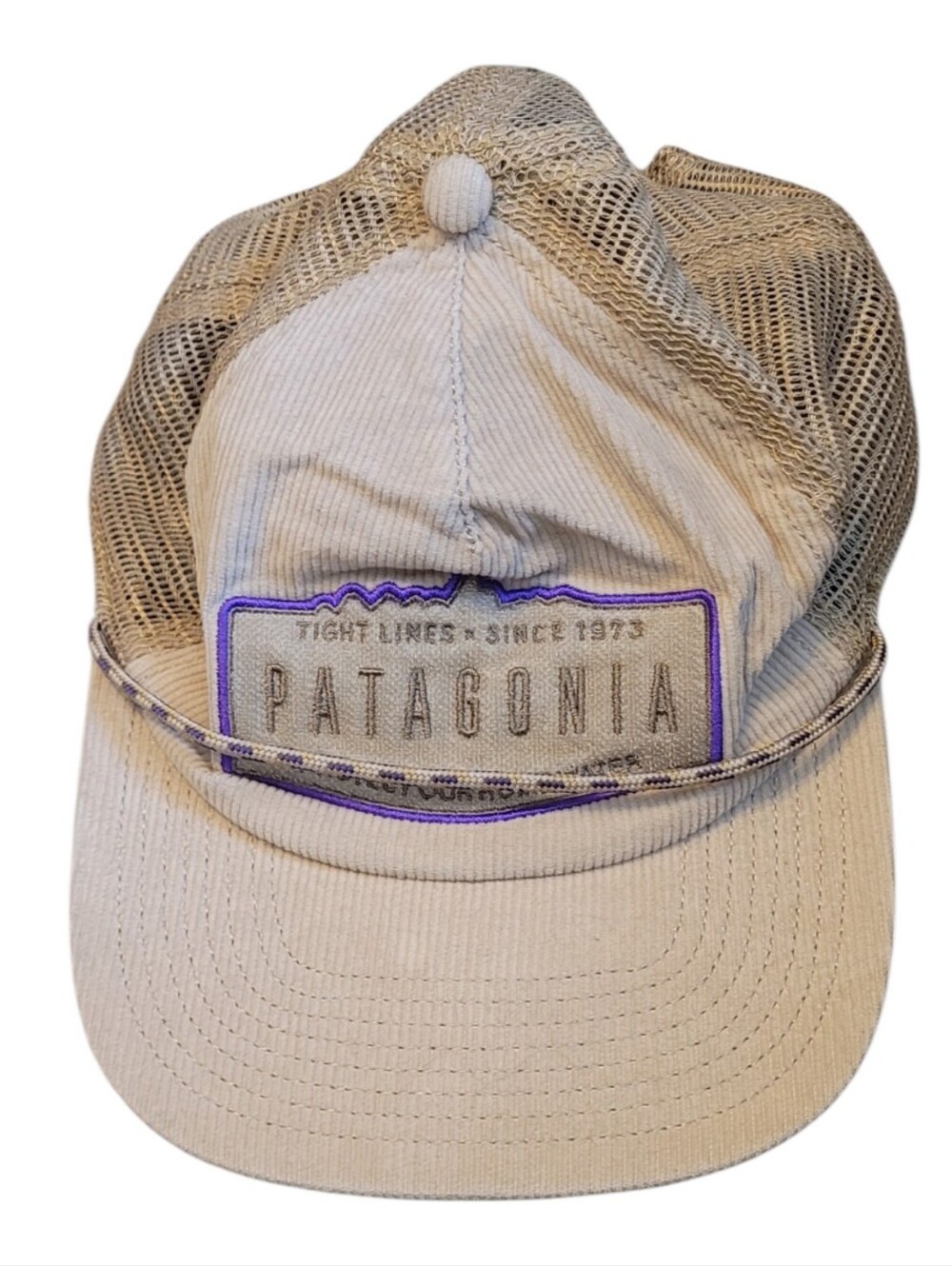 Patagonia Corduroy Beige Mesh Trucker Hat with Purple Trim OS
